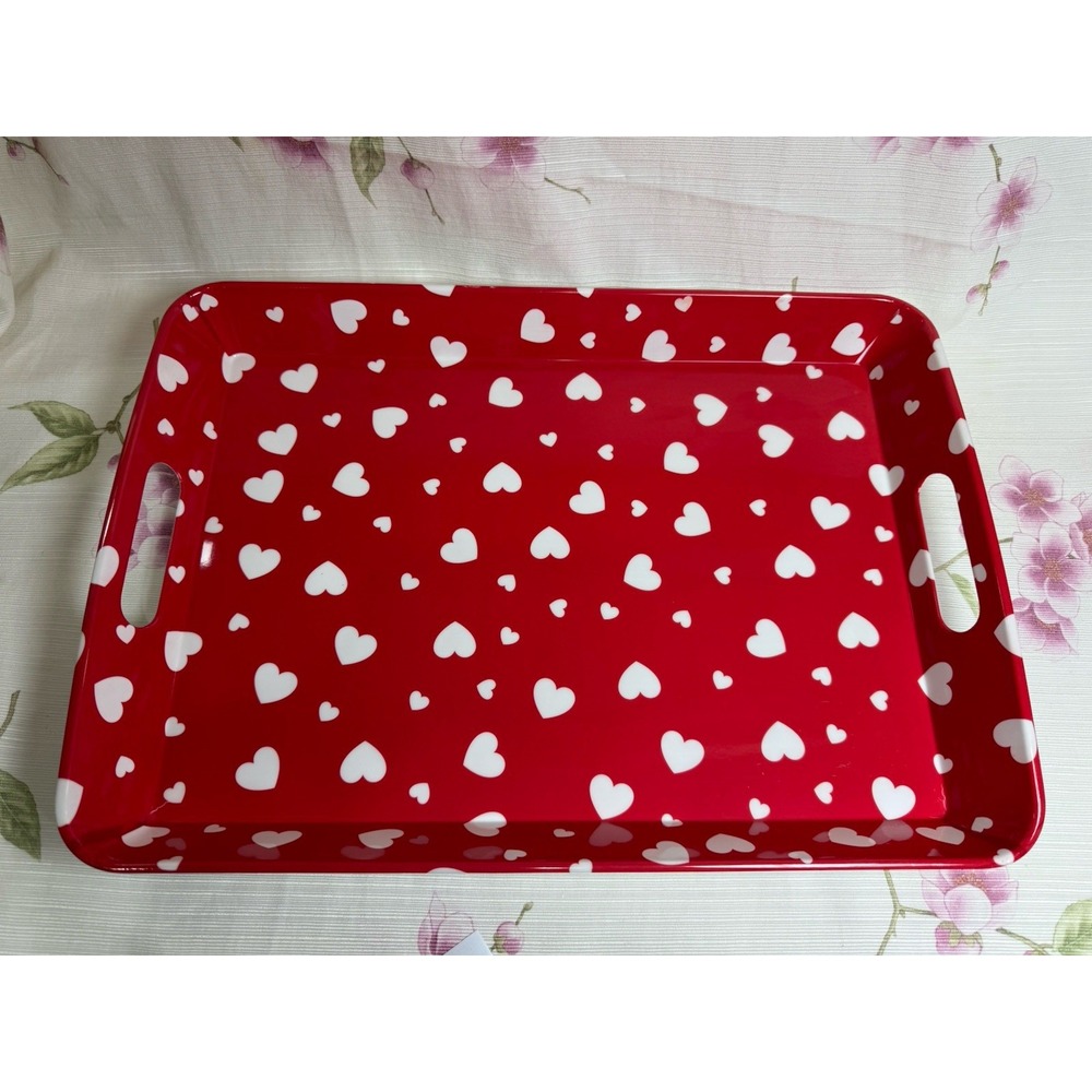 Red White Heart Serving Tray Valentine's Day Melamine 13x18" Handles